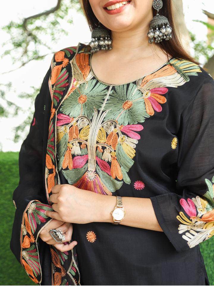 Barista Black Kashida Embroidered Neckwork with Buti Work Modal 3 Piece Set