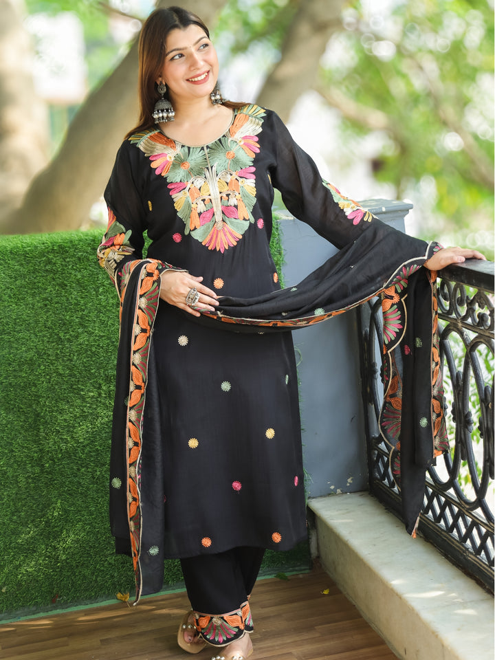 Barista Black Kashida Embroidered Neckwork with Buti Work Modal 3 Piece Set