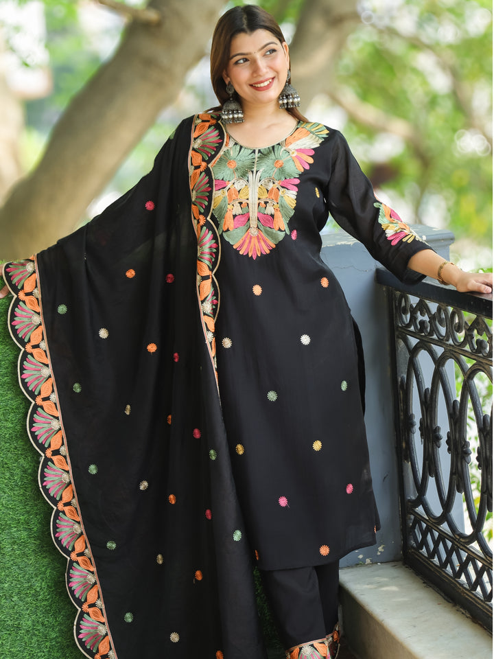 Barista Black Kashida Embroidered Neckwork with Buti Work Modal 3 Piece Set