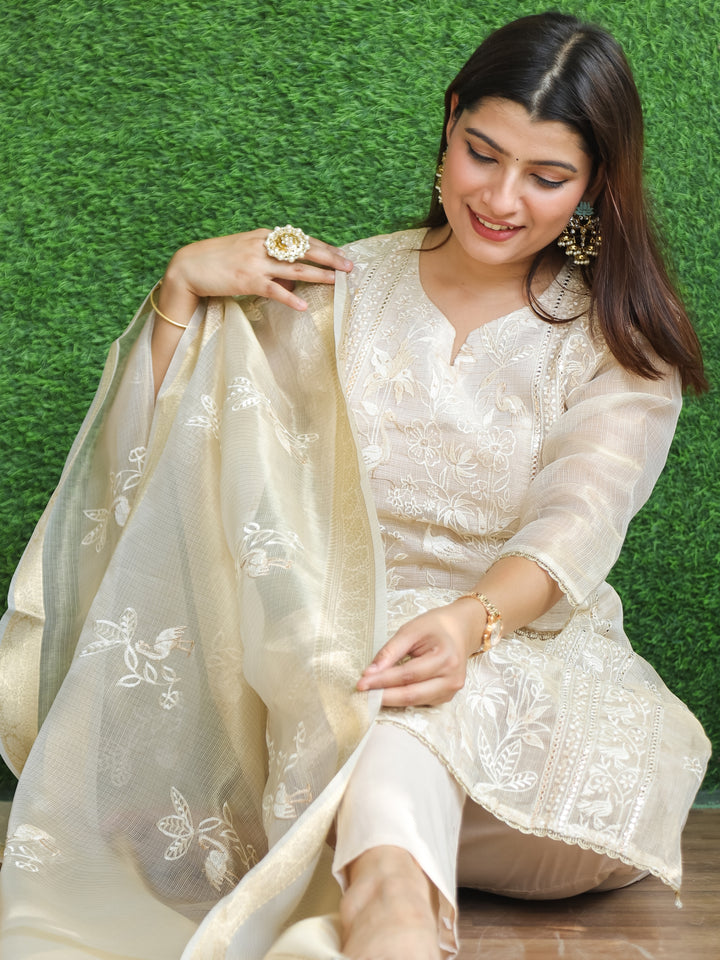 Barista Sand Beige Thread Embroidered Work Shimmer Tissue Kota Doriya 3 Piece Set