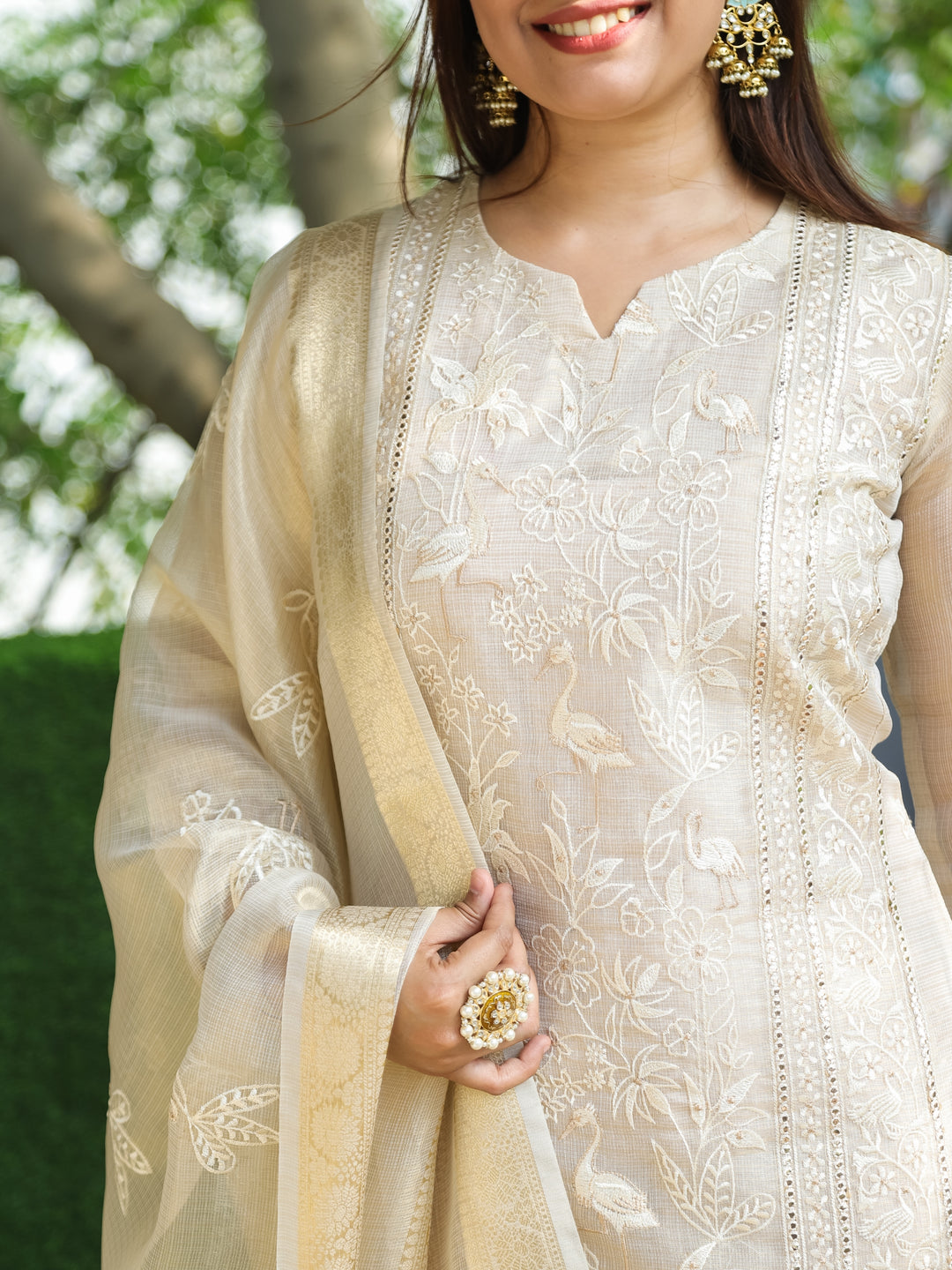 Barista Sand Beige Thread Embroidered Work Shimmer Tissue Kota Doriya 3 Piece Set