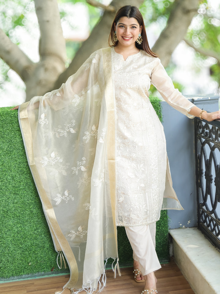 Barista Sand Beige Thread Embroidered Work Shimmer Tissue Kota Doriya 3 Piece Set