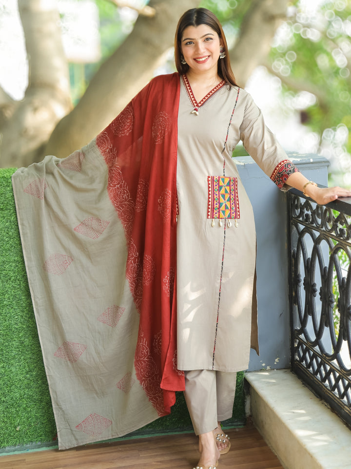 Chandni Frappe Beige V Neck Lace with Panel Style Cotton 3 Piece Set with Pocket