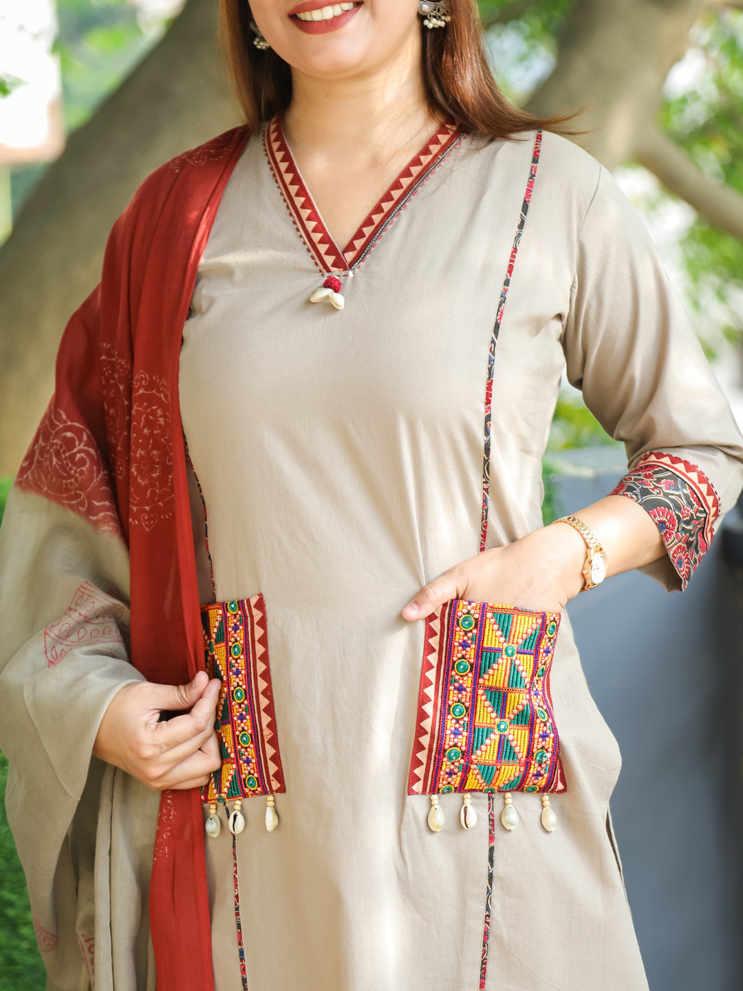 Chandni Frappe Beige V Neck Lace with Panel Style Cotton 3 Piece Set with Pocket
