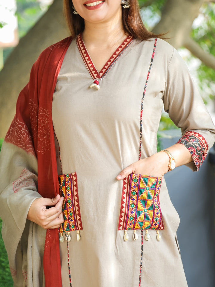 Chandni Frappe Beige V Neck Lace with Panel Style Cotton 3 Piece Set with Pocket