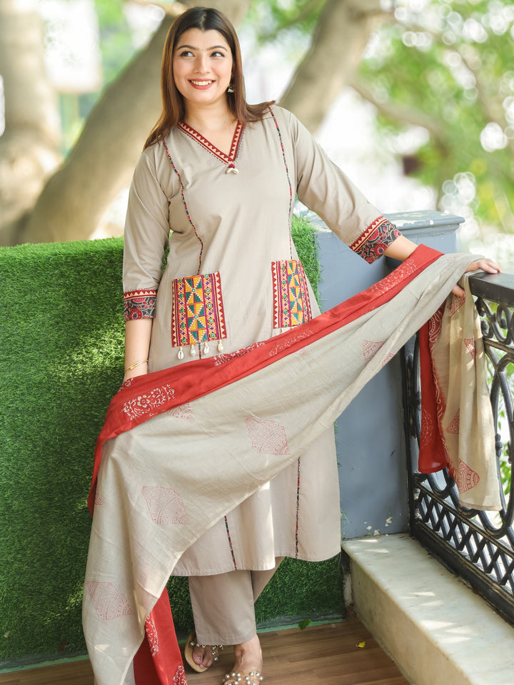 Chandni Frappe Beige V Neck Lace with Panel Style Cotton 3 Piece Set with Pocket