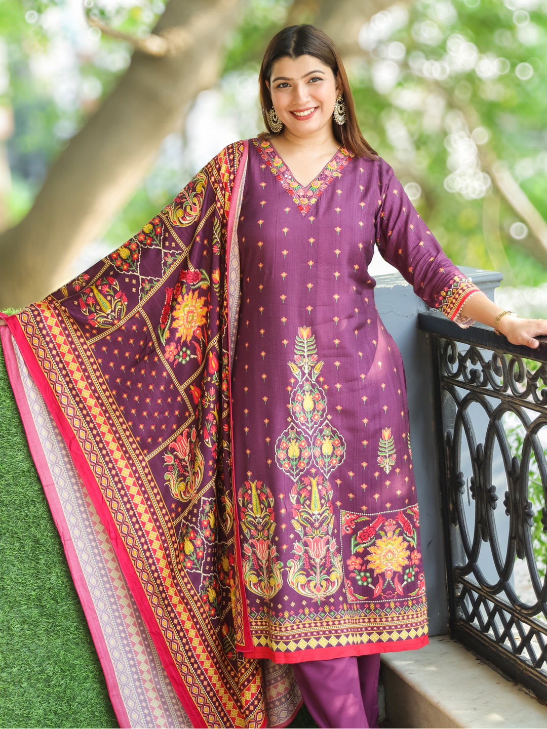 Barista Purple Embroidered V Neckline in Digital Print Hem wth Zari Muslin 3 Piece Set