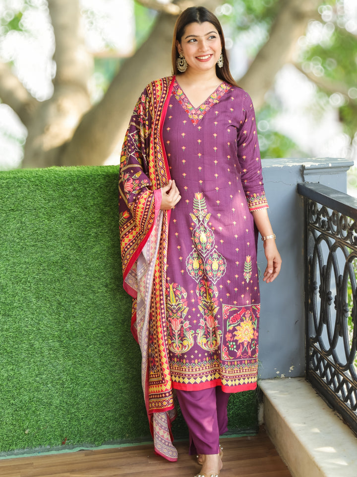 Barista Purple Embroidered V Neckline in Digital Print Hem wth Zari Muslin 3 Piece Set