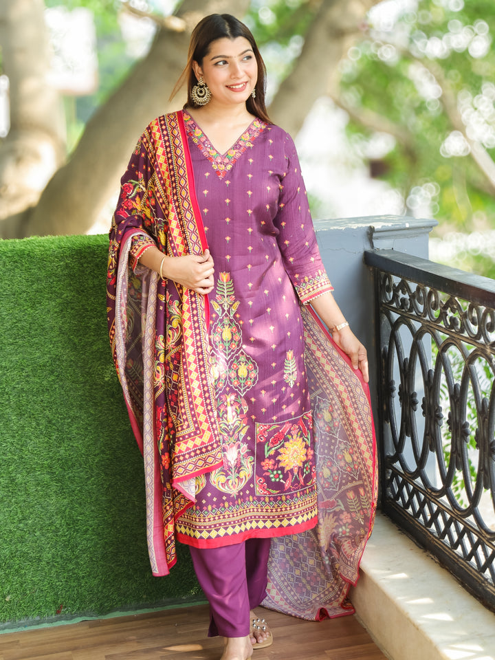 Barista Purple Embroidered V Neckline in Digital Print Hem wth Zari Muslin 3 Piece Set
