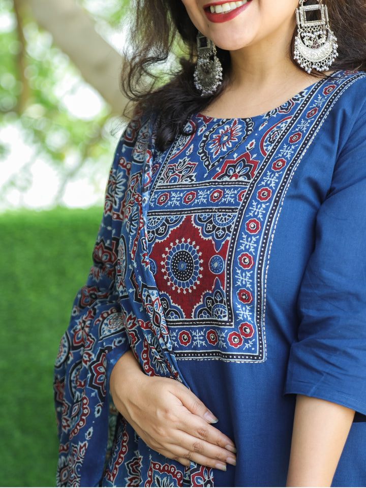 Shanti Denim Blue Ajrak Printed Yoke with Mirror Detailing Cotton 3 Piece Set