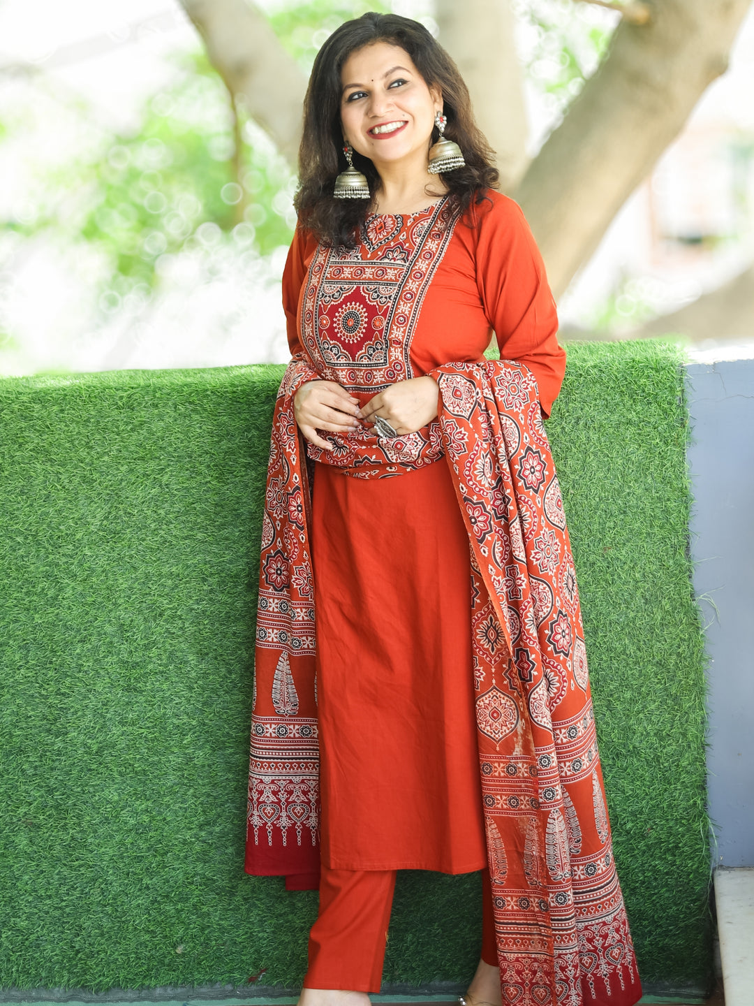 Shanti Rust Orange Ajrak Printed Yoke with Mirror Detailing Cotton 3 Piece Set