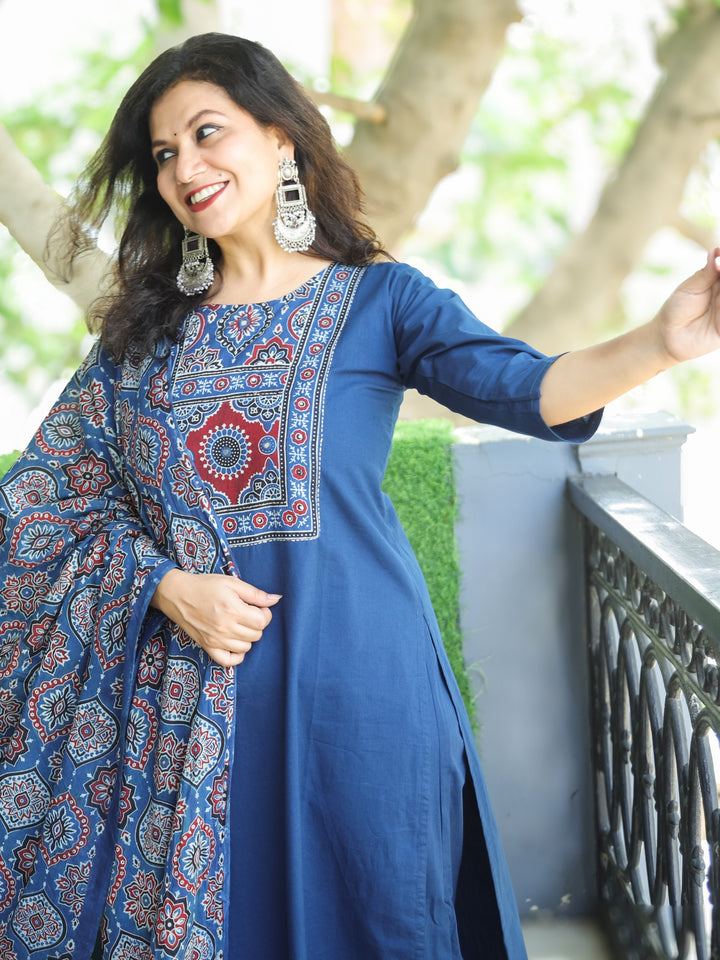 Shanti Denim Blue Ajrak Printed Yoke with Mirror Detailing Cotton 3 Piece Set