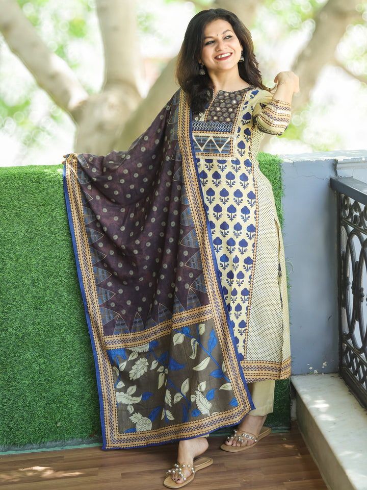 Isha Buttermilk Beige Zari Lace Work with Mirror Digital Printed Art Muslin 3 Piece Set