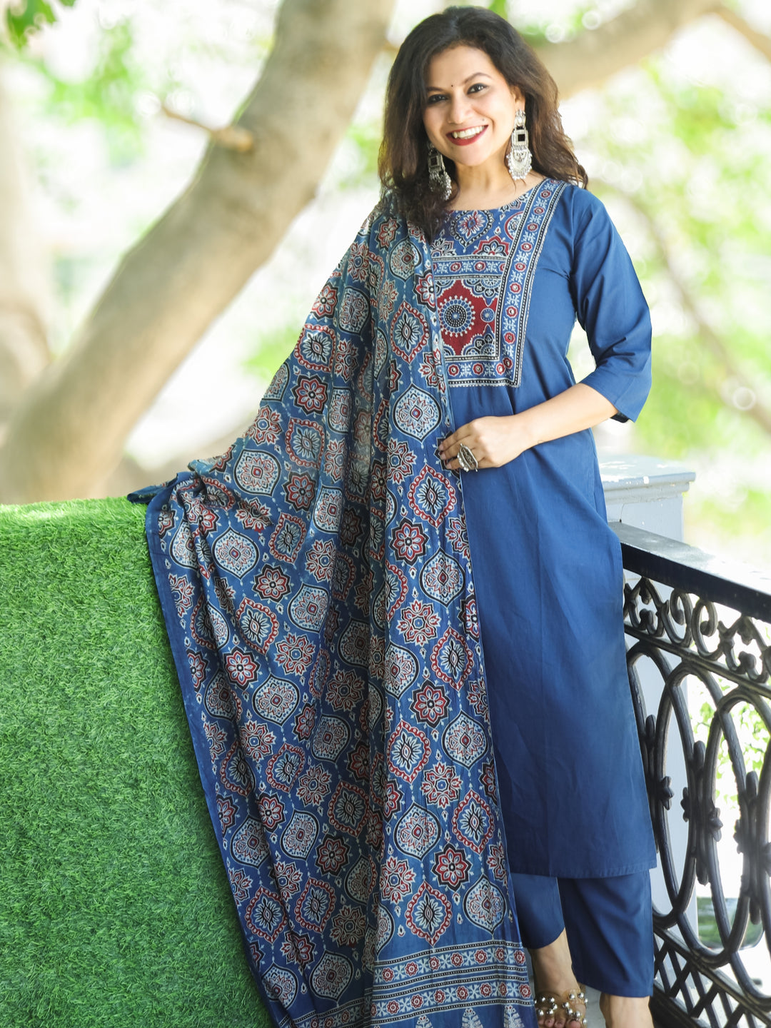 Shanti Denim Blue Ajrak Printed Yoke with Mirror Detailing Cotton 3 Piece Set