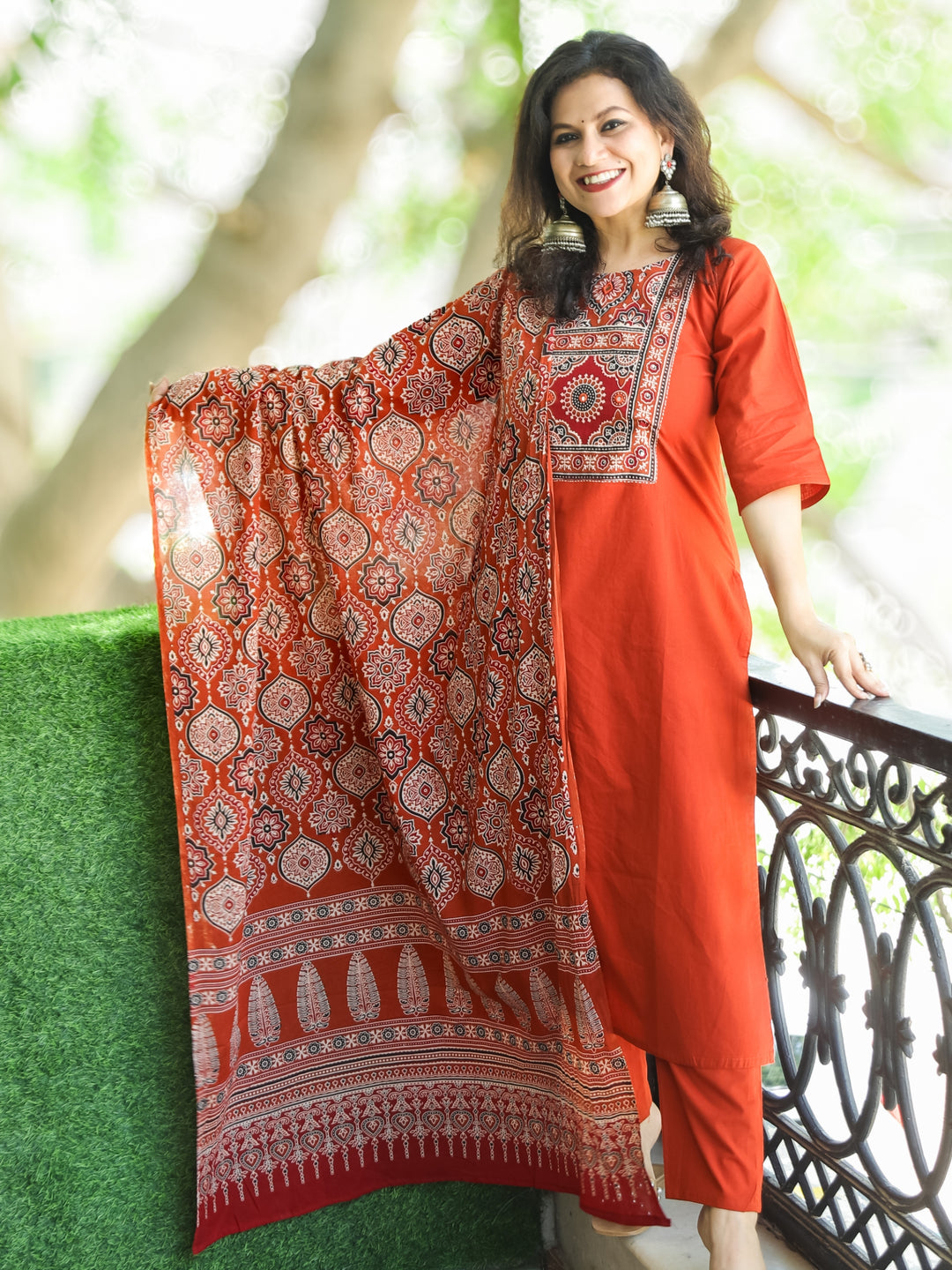 Shanti Rust Orange Ajrak Printed Yoke with Mirror Detailing Cotton 3 Piece Set