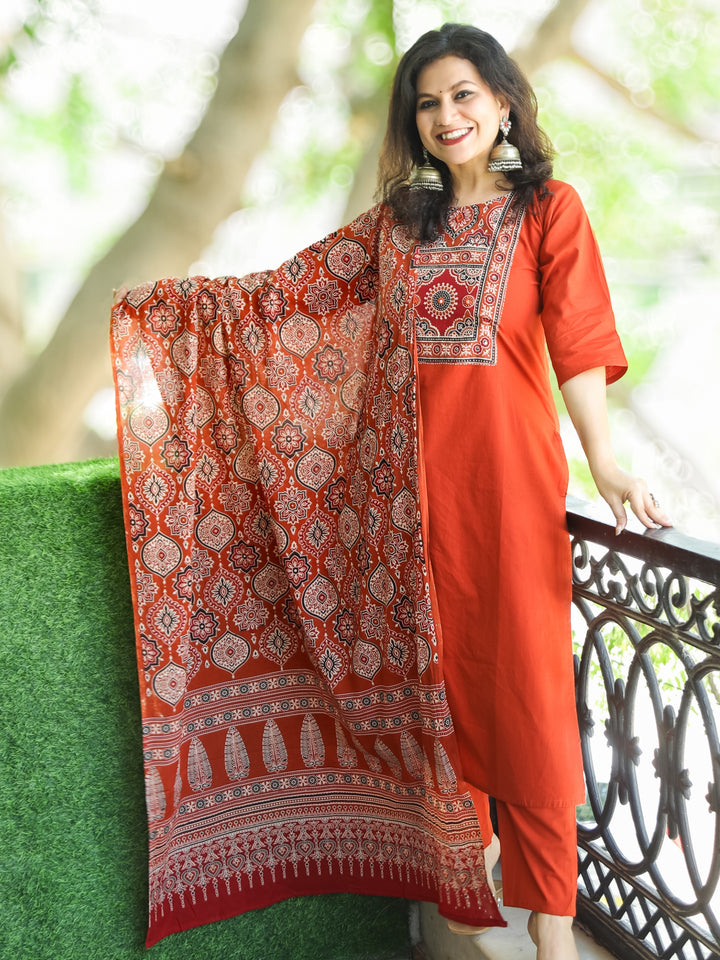 Shanti Rust Orange Ajrak Printed Yoke with Mirror Detailing Cotton 3 Piece Set
