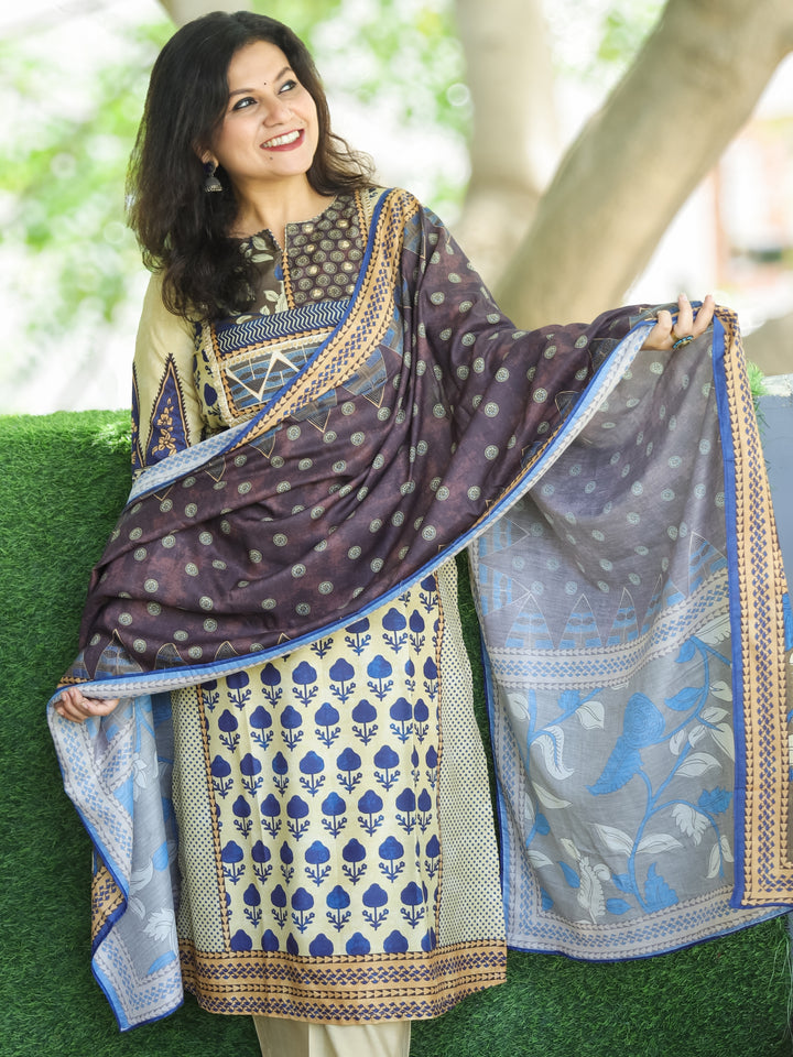 Isha Buttermilk Beige Zari Lace Work with Mirror Digital Printed Art Muslin 3 Piece Set