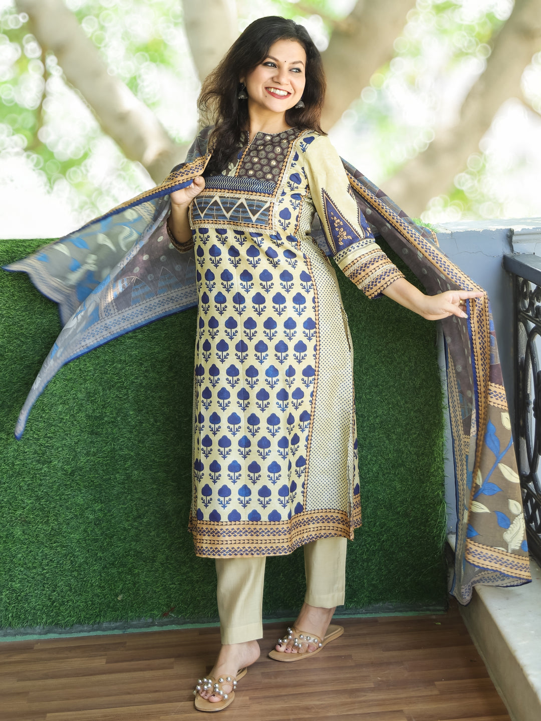 Isha Buttermilk Beige Zari Lace Work with Mirror Digital Printed Art Muslin 3 Piece Set