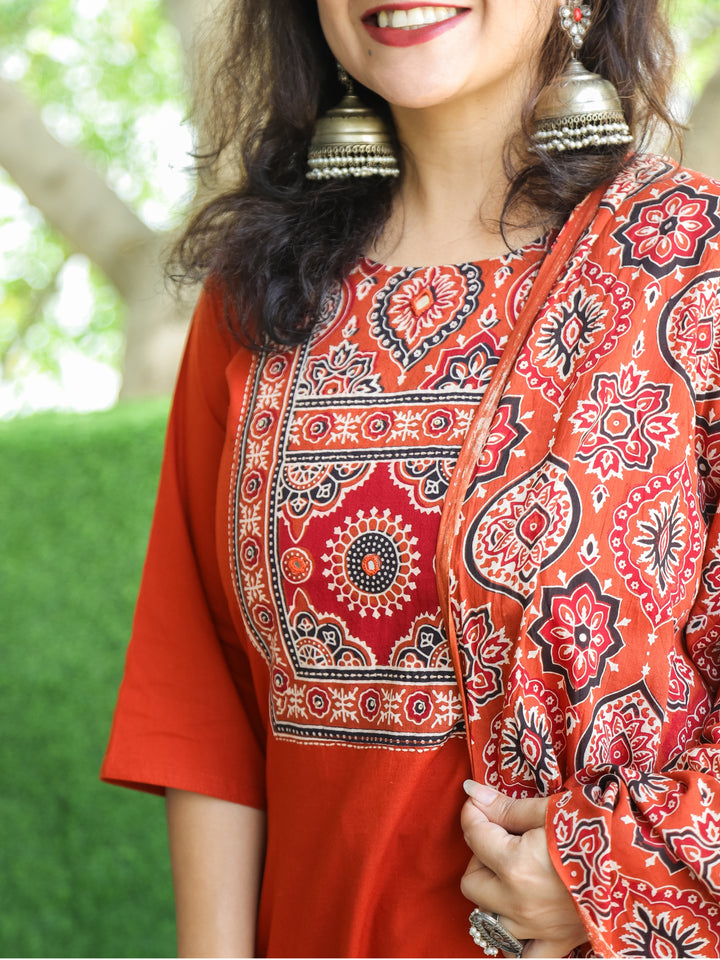 Shanti Rust Orange Ajrak Printed Yoke with Mirror Detailing Cotton 3 Piece Set