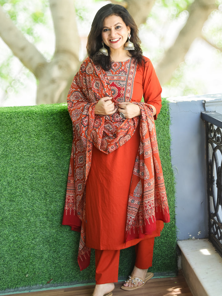 Shanti Rust Orange Ajrak Printed Yoke with Mirror Detailing Cotton 3 Piece Set