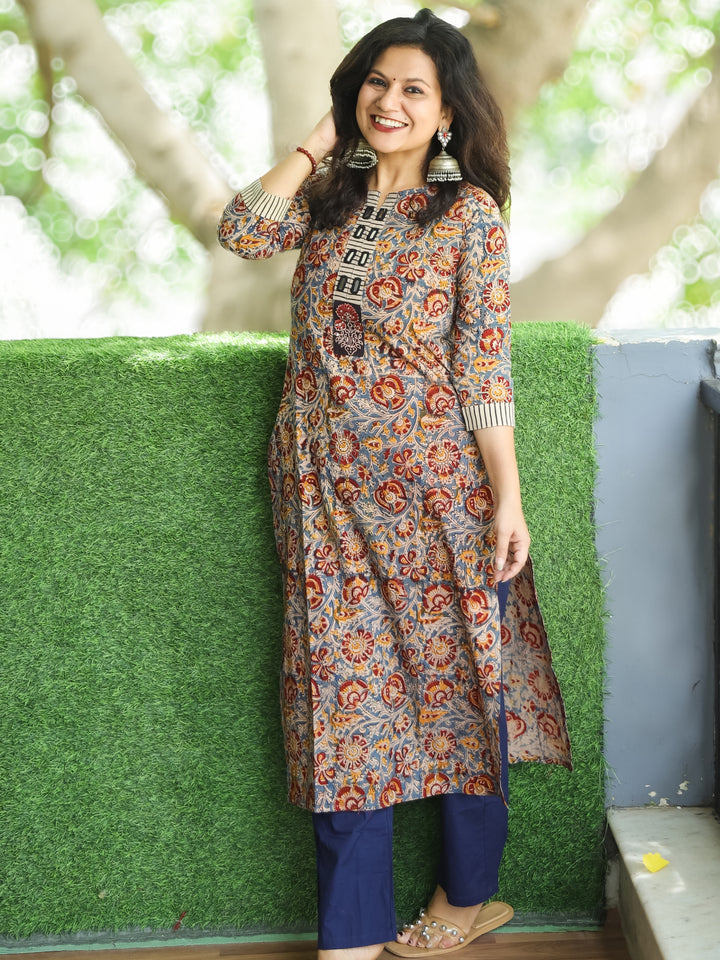 Shanti Faded Blue Mirror Work Patch in Kalamkari Print Cotton 2 Piece Set
