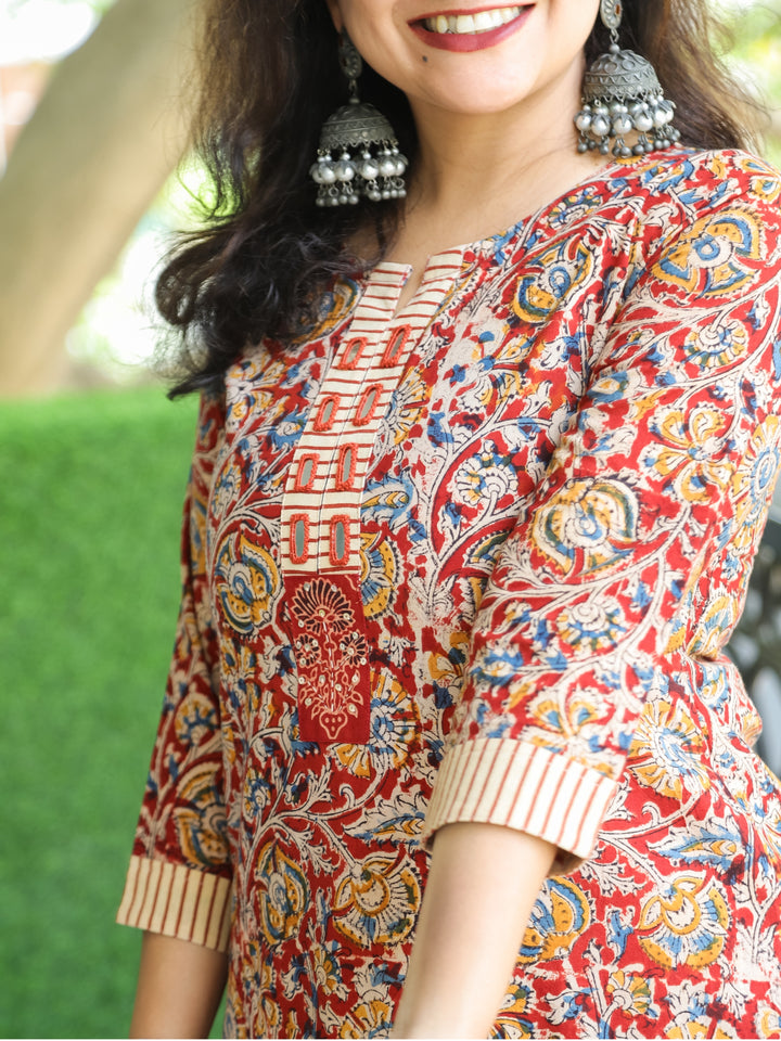Shanti Cherry Red Mirror Work Patch in Kalamkari Print Cotton 2 Piece Set