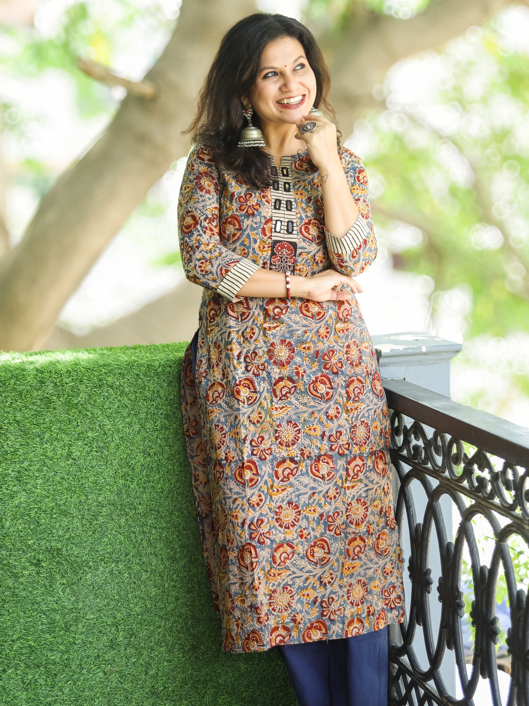 Shanti Faded Blue Mirror Work Patch in Kalamkari Print Cotton 2 Piece Set