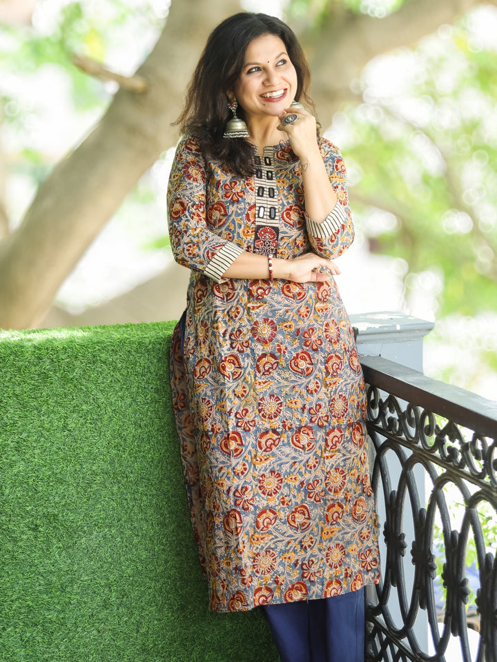 Shanti Faded Blue Mirror Work Patch in Kalamkari Print Cotton 2 Piece Set