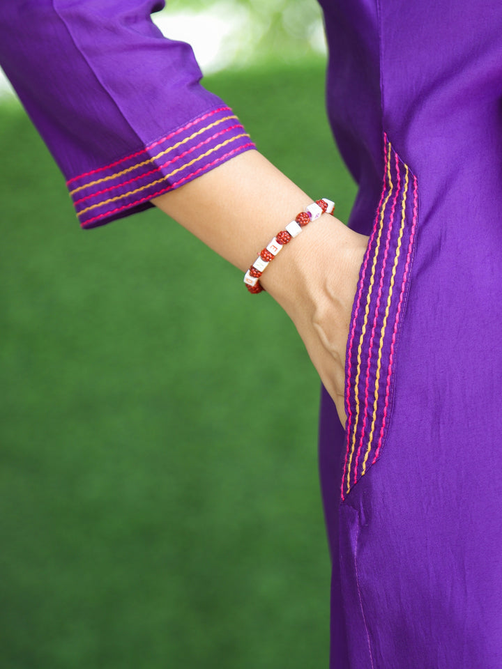 Janki Purple Angrakha Neck in Ban Collar with Mirror Roman Silk 3 Piece Set with Pocket