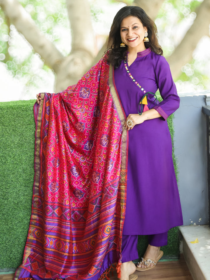 Janki Purple Angrakha Neck in Ban Collar with Mirror Roman Silk 3 Piece Set with Pocket