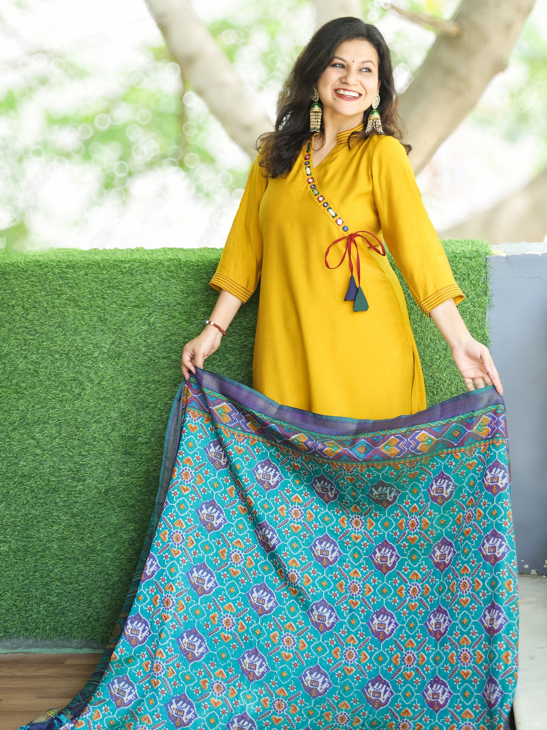 Janki Yellow Angrakha Neck in Ban Collar with Mirror Roman Silk 3 Piece Set with Pocket