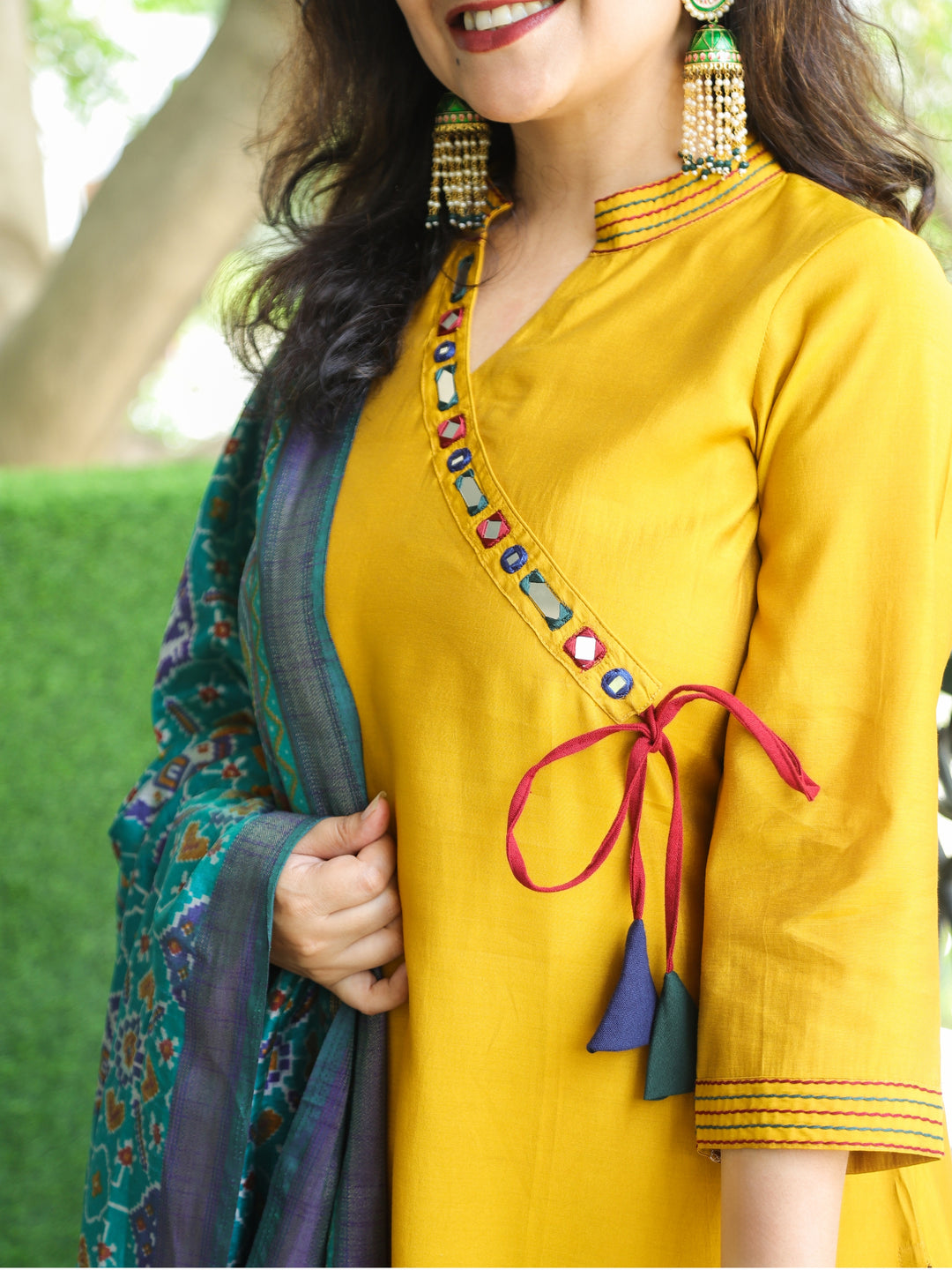 Janki Yellow Angrakha Neck in Ban Collar with Mirror Roman Silk 3 Piece Set with Pocket