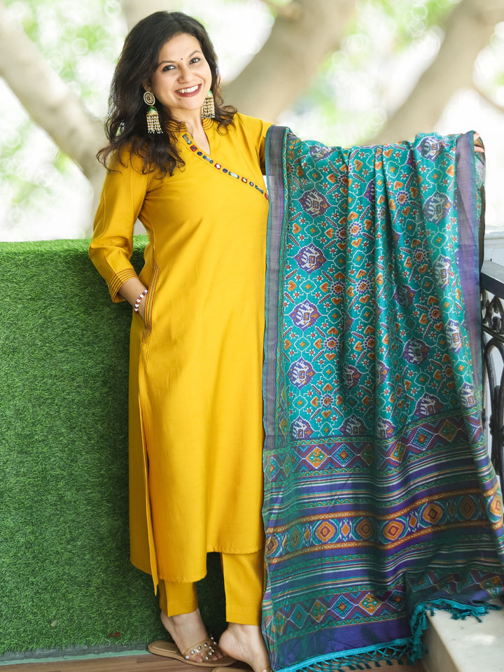 Janki Yellow Angrakha Neck in Ban Collar with Mirror Roman Silk 3 Piece Set with Pocket