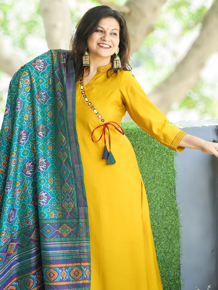 Janki Yellow Angrakha Neck in Ban Collar with Mirror Roman Silk 3 Piece Set with Pocket