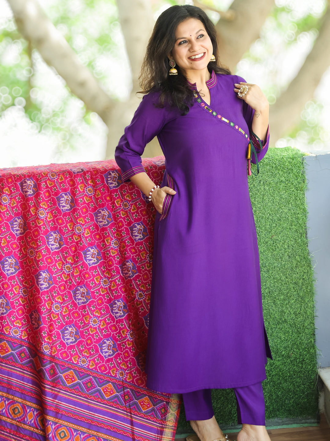 Janki Purple Angrakha Neck in Ban Collar with Mirror Roman Silk 3 Piece Set with Pocket