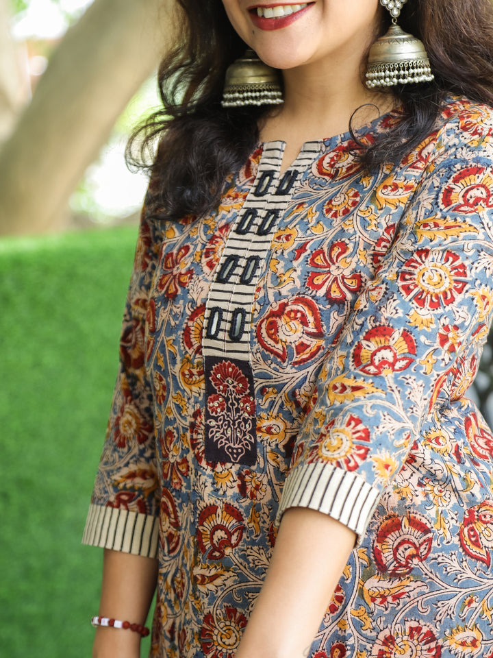 Shanti Faded Blue Mirror Work Patch in Kalamkari Print Cotton 2 Piece Set
