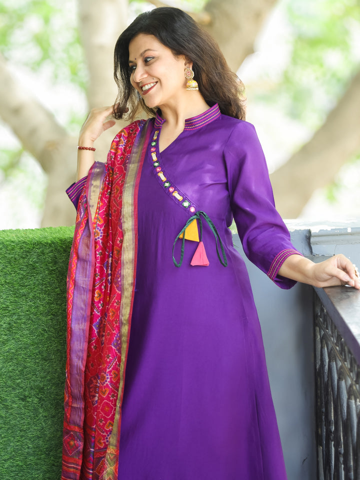 Janki Purple Angrakha Neck in Ban Collar with Mirror Roman Silk 3 Piece Set with Pocket