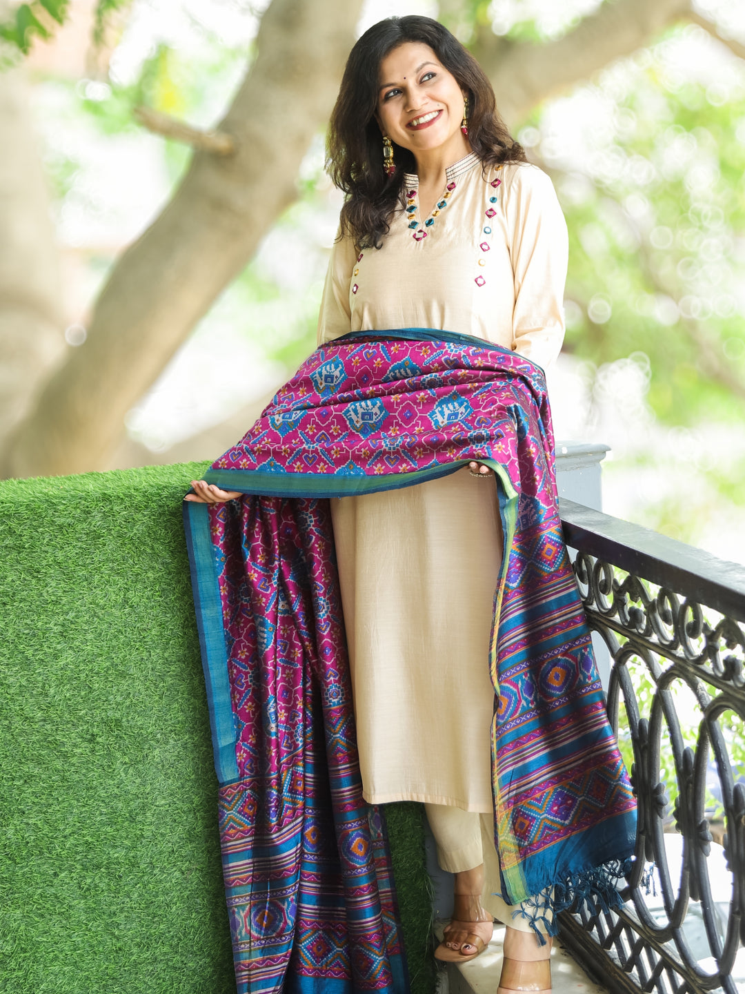Revti Beige V Neck with Mirror Work and Ban Collar in Roman Silk 3 Piece Set