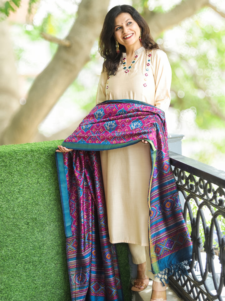 Revti Beige V Neck with Mirror Work and Ban Collar in Roman Silk 3 Piece Set