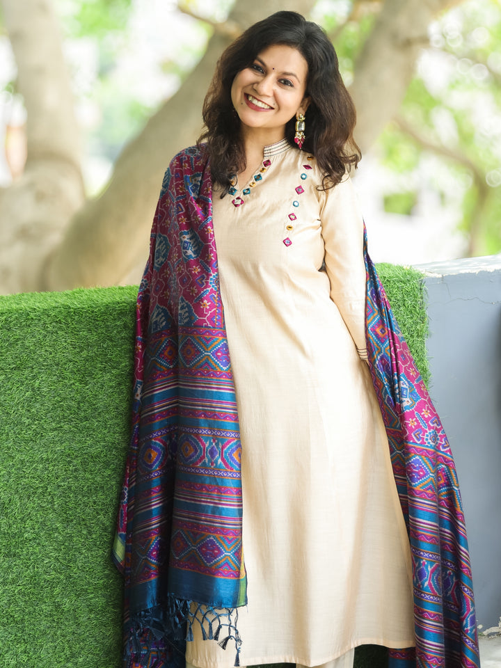 Revti Beige V Neck with Mirror Work and Ban Collar in Roman Silk 3 Piece Set