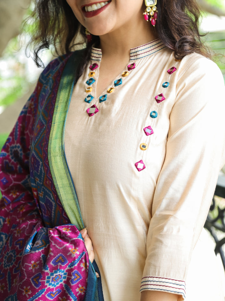 Revti Beige V Neck with Mirror Work and Ban Collar in Roman Silk 3 Piece Set