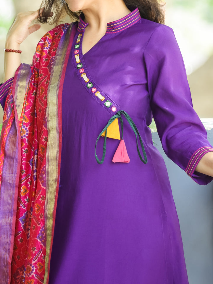 Janki Purple Angrakha Neck in Ban Collar with Mirror Roman Silk 3 Piece Set with Pocket