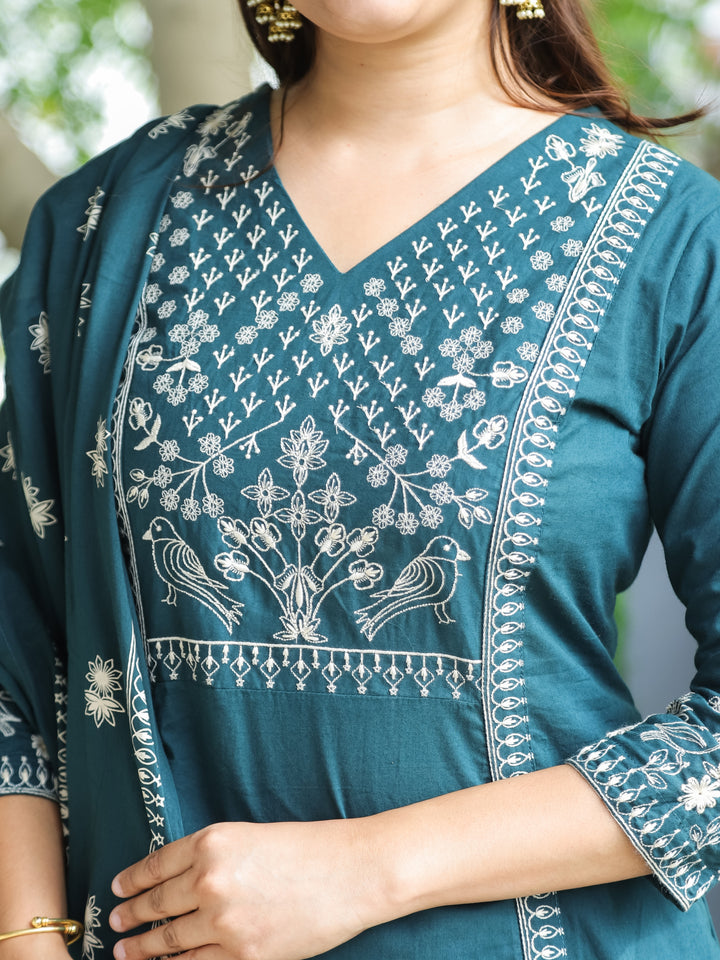 Sundari Cerulean Blue V Neck Thread Embroidered Work in Panel Style Cotton 3 Piece Set