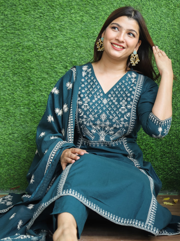 Sundari Cerulean Blue V Neck Thread Embroidered Work in Panel Style Cotton 3 Piece Set