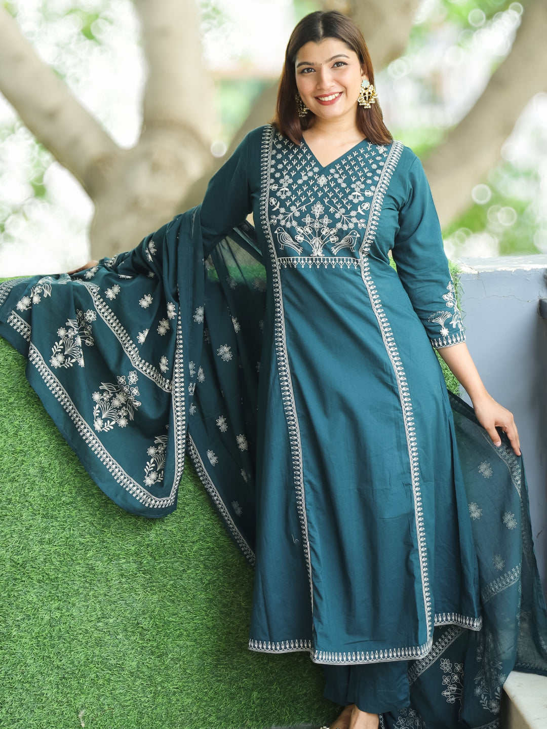 Sundari Cerulean Blue V Neck Thread Embroidered Work in Panel Style Cotton 3 Piece Set