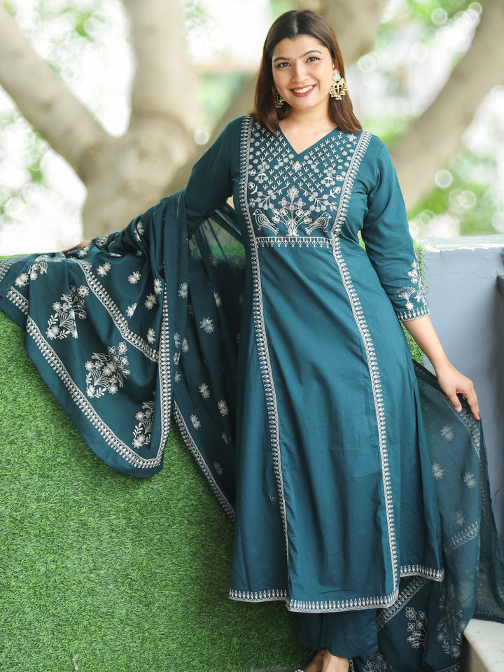 Sundari Cerulean Blue V Neck Thread Embroidered Work in Panel Style Cotton 3 Piece Set