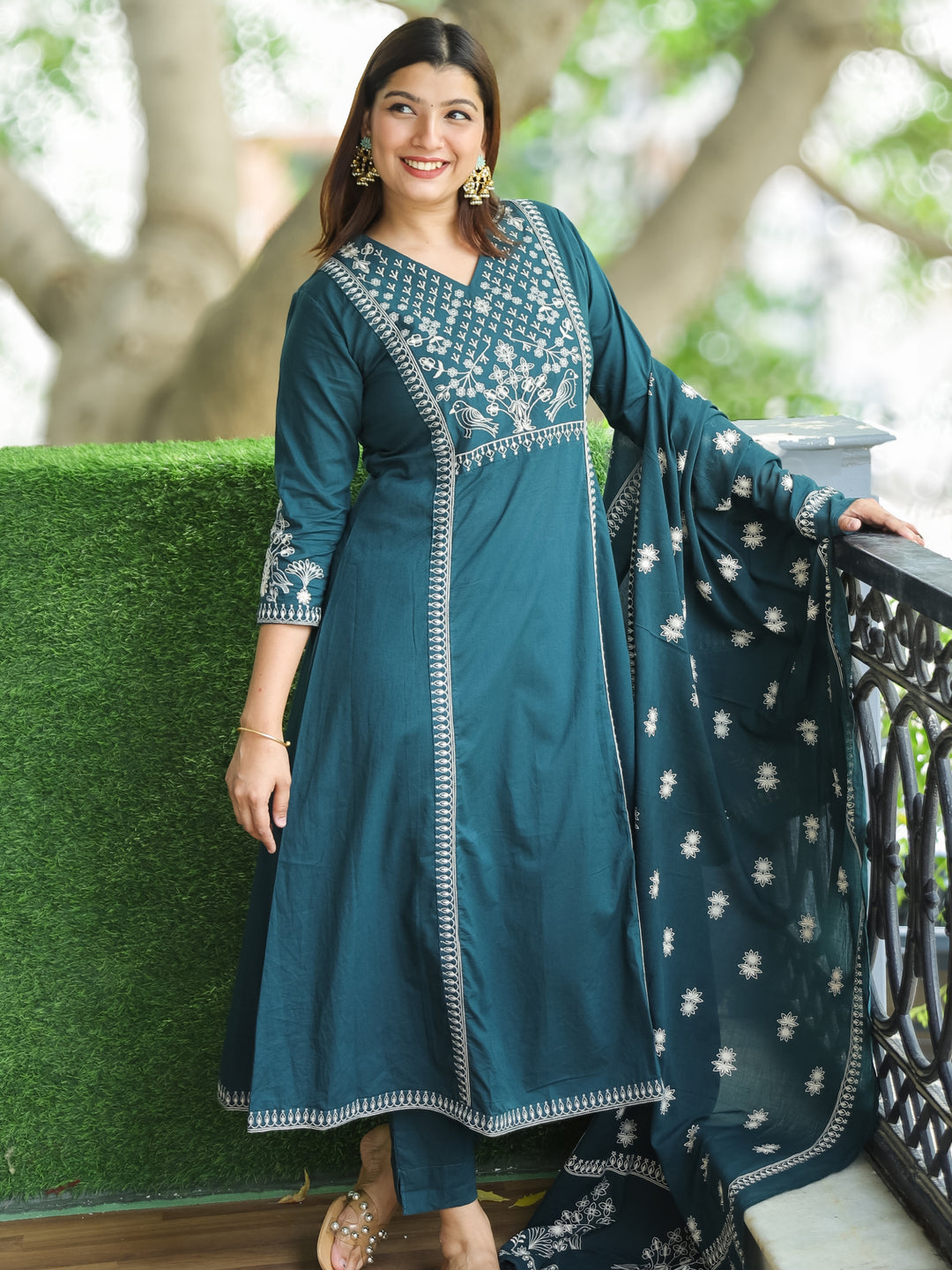 Sundari Cerulean Blue V Neck Thread Embroidered Work in Panel Style Cotton 3 Piece Set
