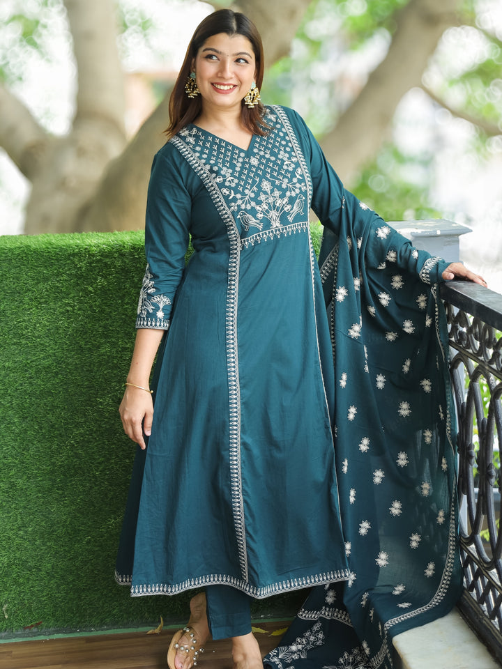 Sundari Cerulean Blue V Neck Thread Embroidered Work in Panel Style Cotton 3 Piece Set