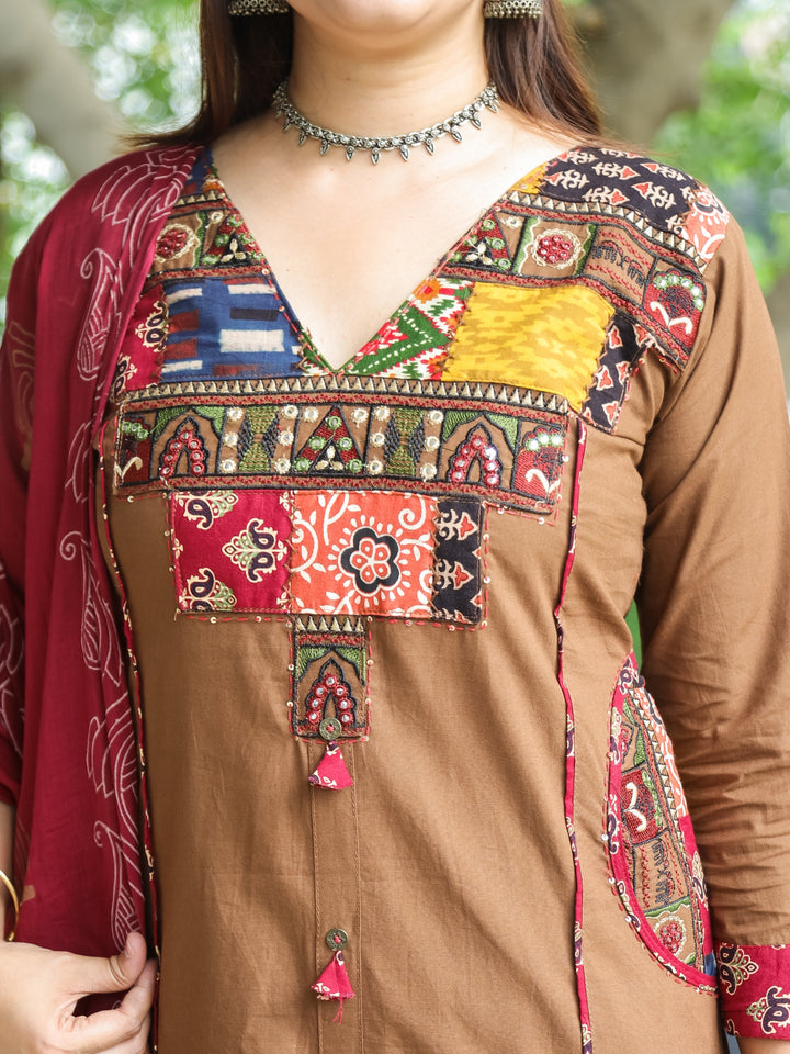 Sundari Choco Brown Embriodered V Neck Patch Panel Cotton 3 Piece Set with Pocket