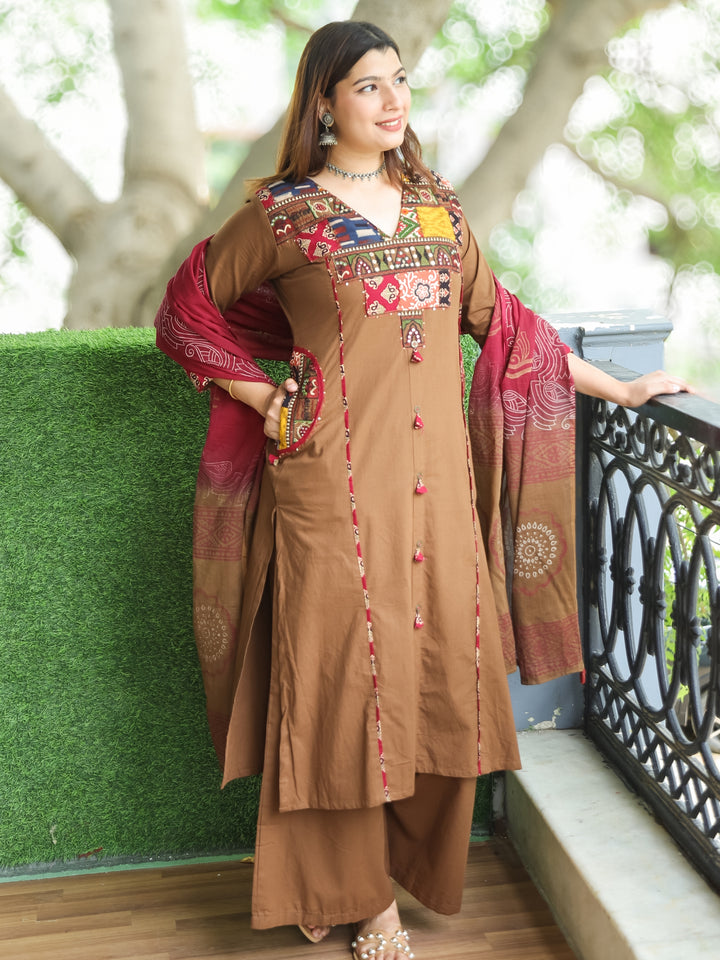 Sundari Choco Brown Embriodered V Neck Patch Panel Cotton 3 Piece Set with Pocket